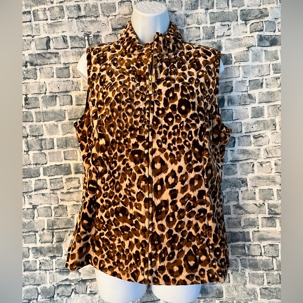 Charter Club Womens QUILTED LEOPARD PRINT FABRIC Full Zip Vest SZ L